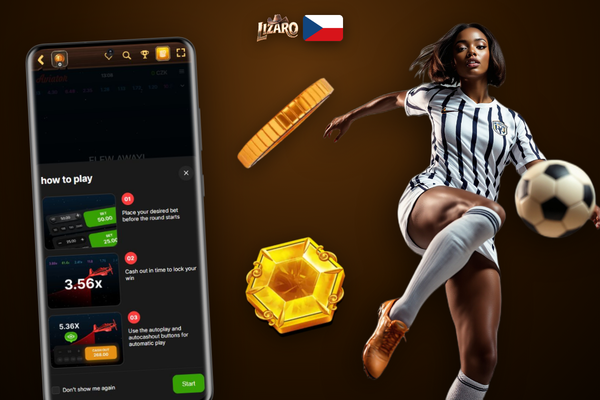 Lizaro Casino Aviator na mobilním telefonu — rostoucí multiplikátor a tlačítko výběru