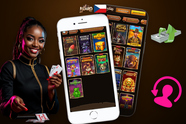 Hráč v kavárně používá Lizaro Casino online app s herní lobby na displeji telefonu
