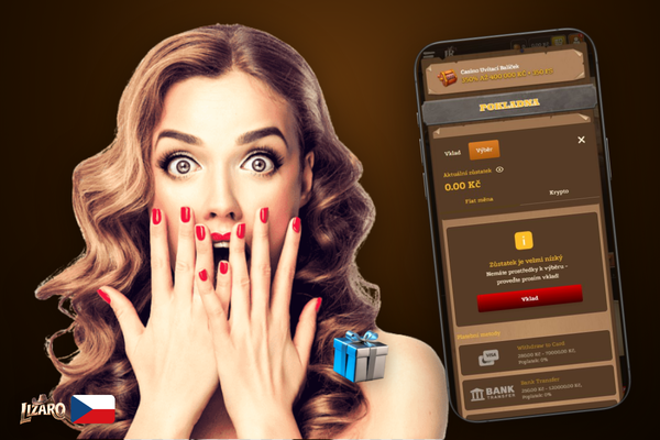 Smartphone s potvrzením přijatého výběru z Lizaro Casino v mobilní peněžence